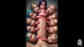 Eleven women with long tongues licking one long penis thumbnail