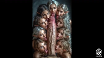 Nine female elves licking big penis thumbnail