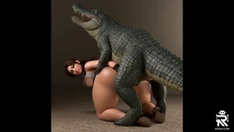 Lara Croft wearing see through shirt fucked by a crocodile thumbnail