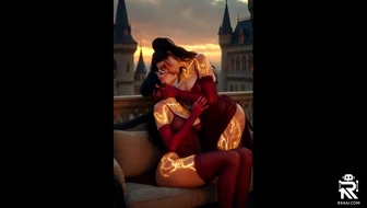 Two alluring women with glowing markings making out deeply on castle balcony